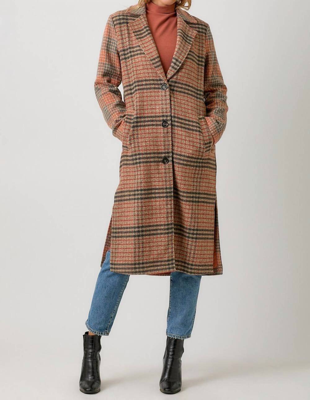 NEW MYSTREE mixed media long coat in taupe/pumpkin